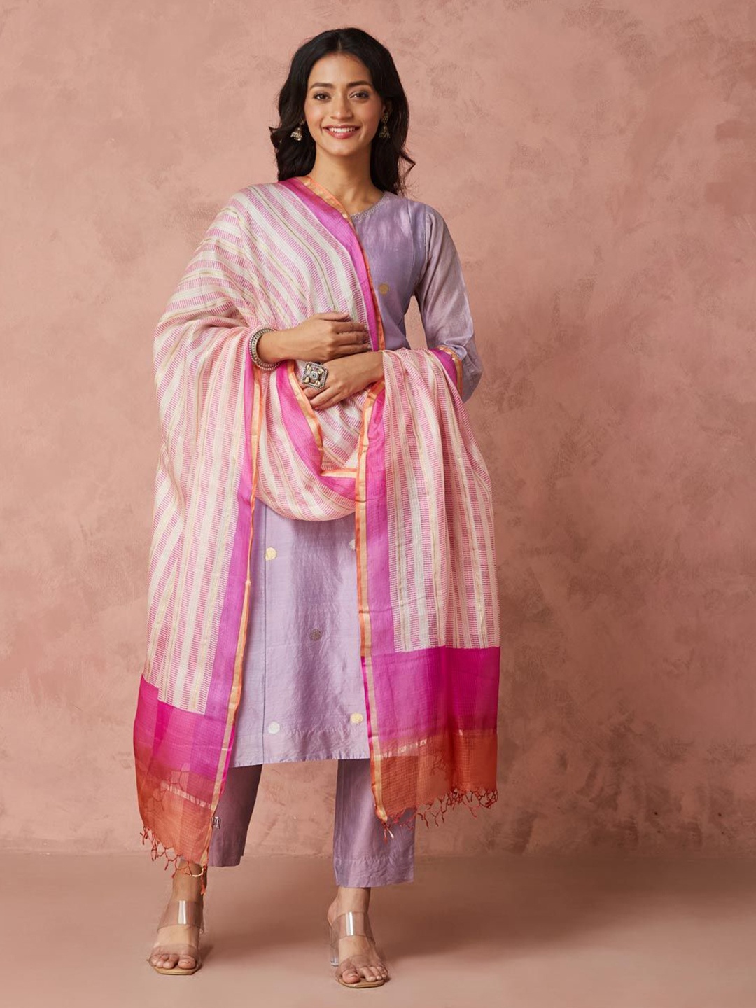 

Fabindia Striped Woven Design Dupatta With Thread Work, White