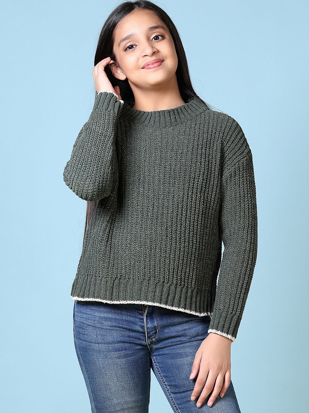 

V-Mart Girls Cotton Round Neck Long Sleeves Pullover Sweater, Green