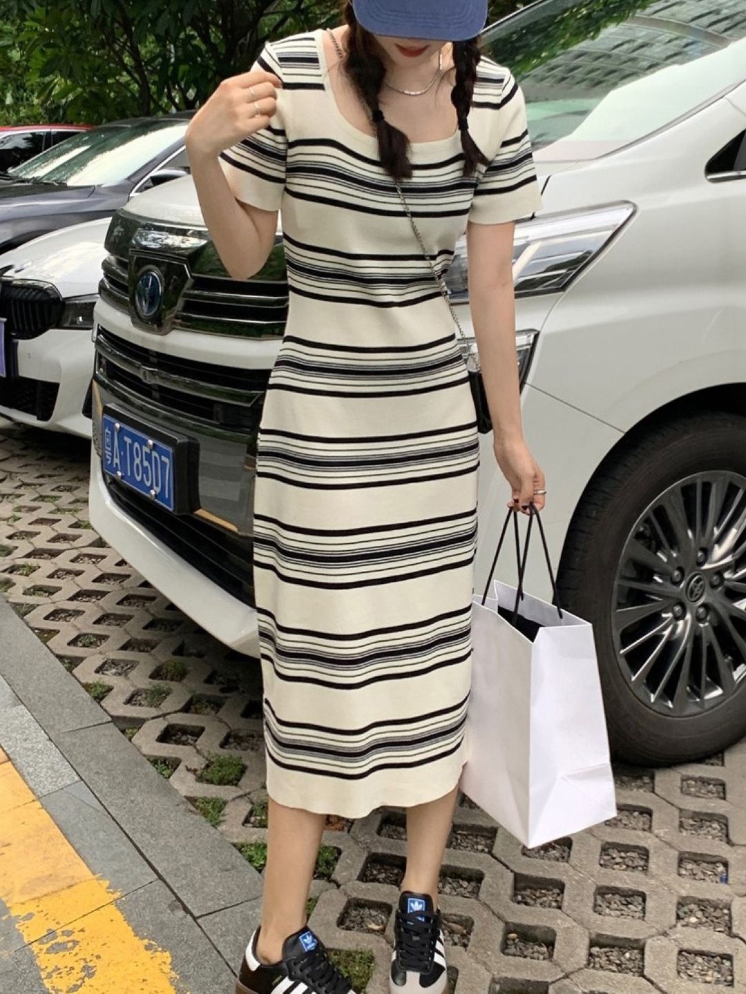 

HERE&NOW Women Striped Sheath Short Sleeves Midi Dress, White