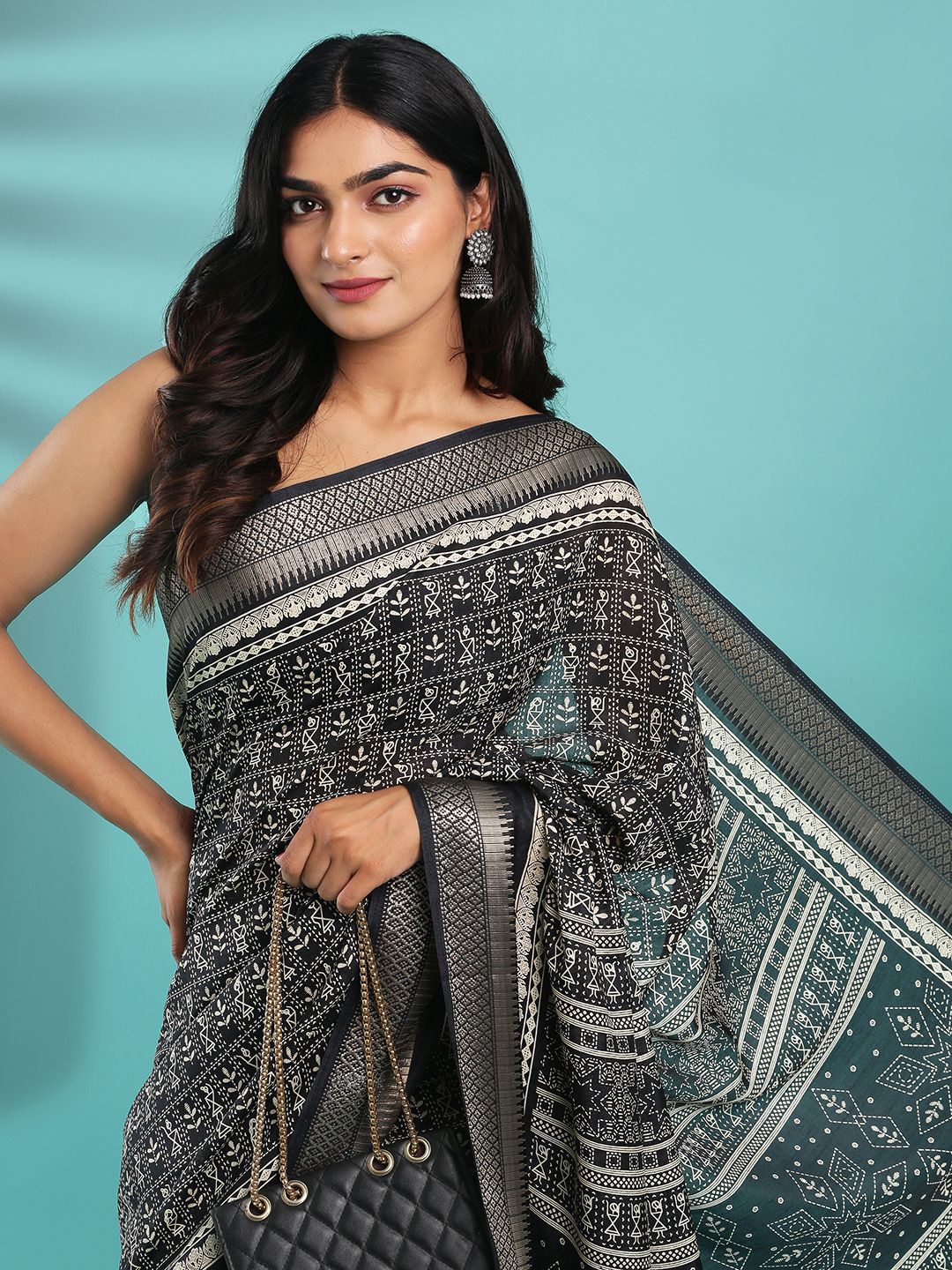 

Kalyan Silks Ethnic Motifs Zari Block Print Saree, Black