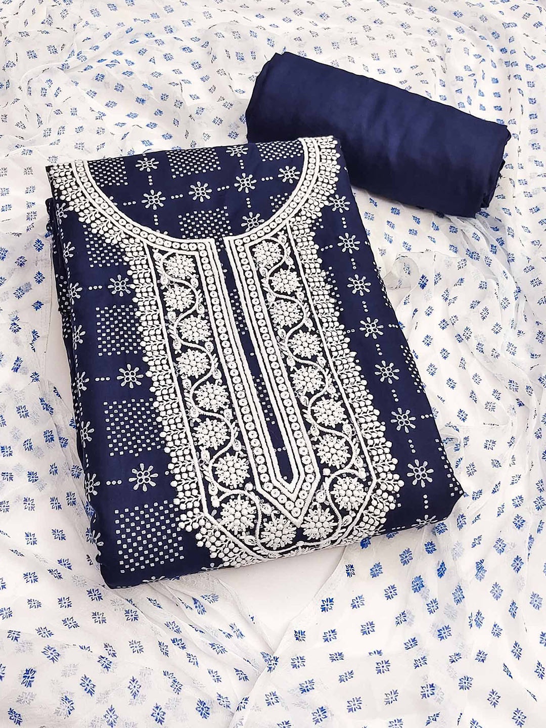 

Peachmode Floral Printed Unstitched Dress Material, Navy blue