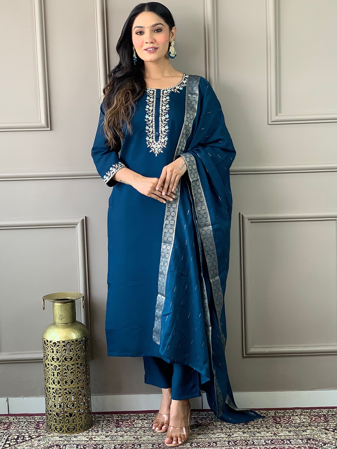 

KALINI Floral Embroidered Thread Work Chanderi Silk Straight Kurta with Trouser & Dupatta, Blue