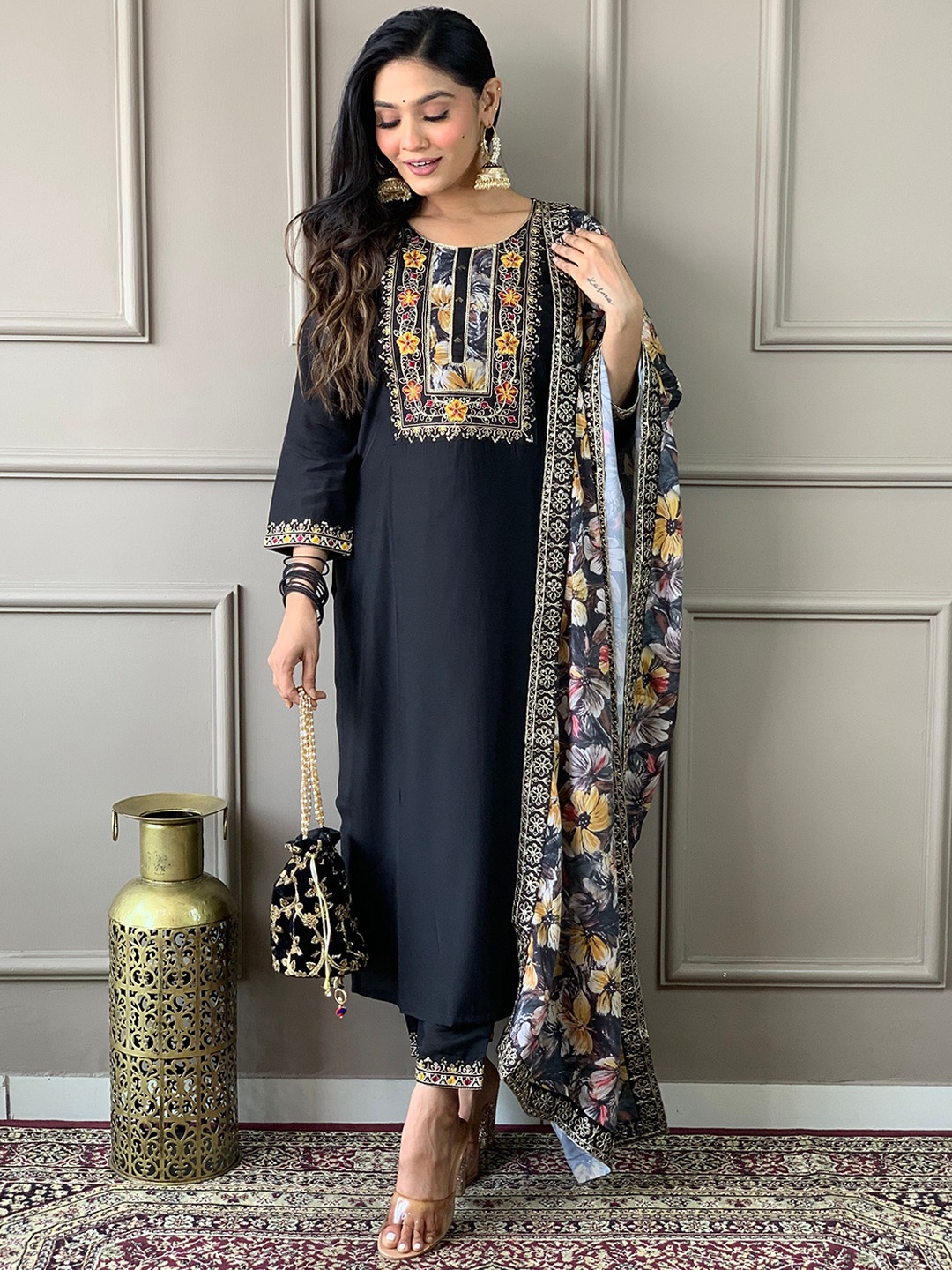 

KALINI Floral Embroidered Straight Chanderi Silk Kurta with Trousers & Dupatta, Black