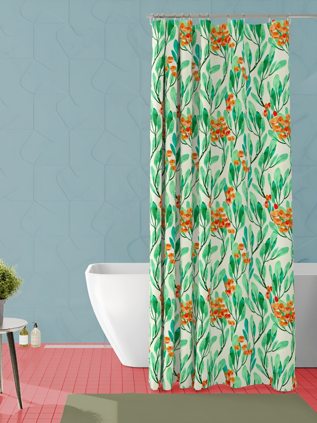 

ArtzFolio Green and Orange Floral Printed Waterproof Shower Curtain