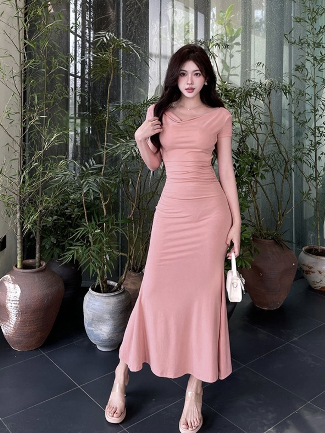 

KPOP Women V-Neck Short Sleeves A-Line Maxi Dress, Pink