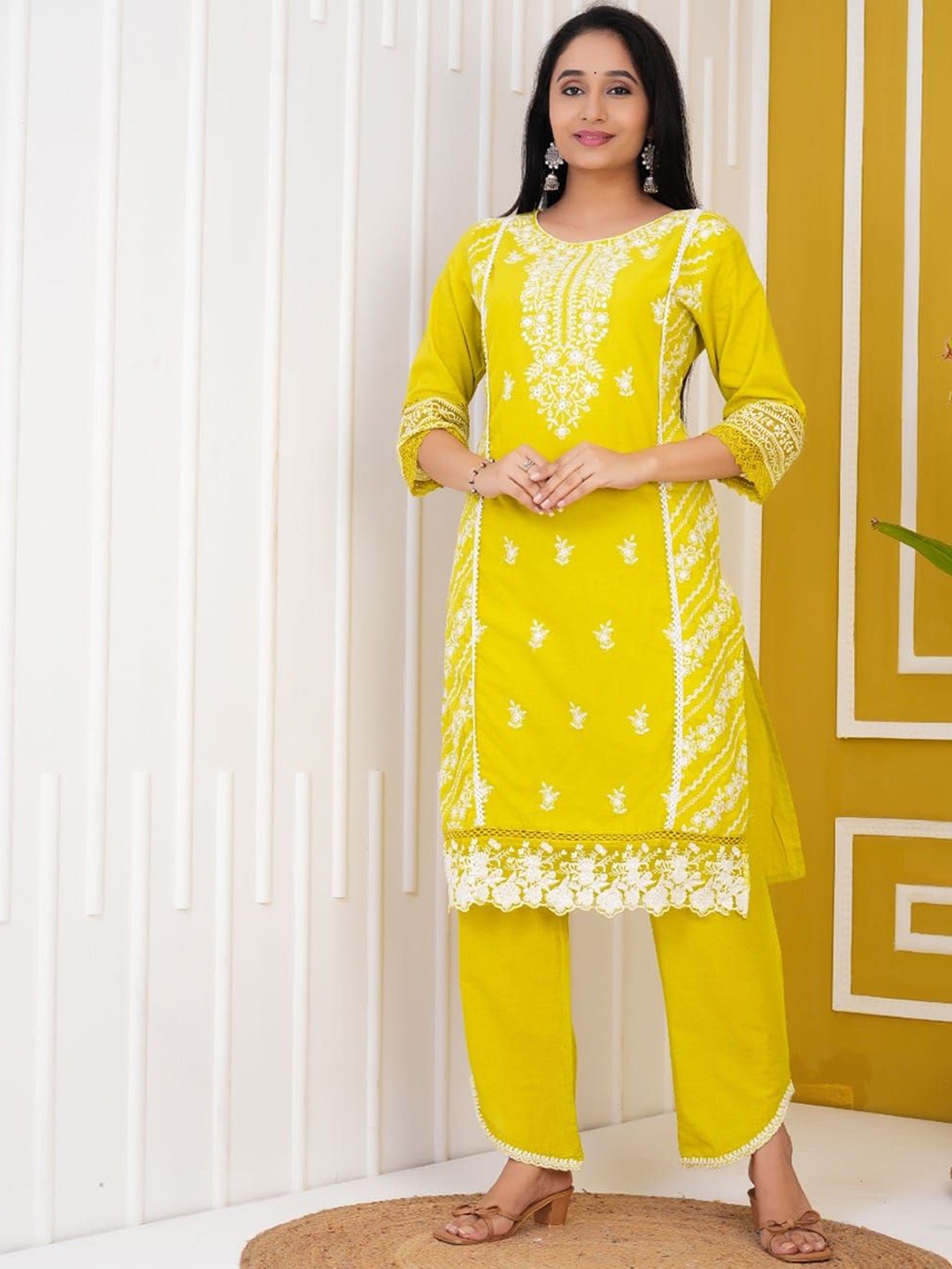 

Fabinn Floral Embroidered Thread Work Pure Cotton Kurta With Trousers & Dupatta, Yellow