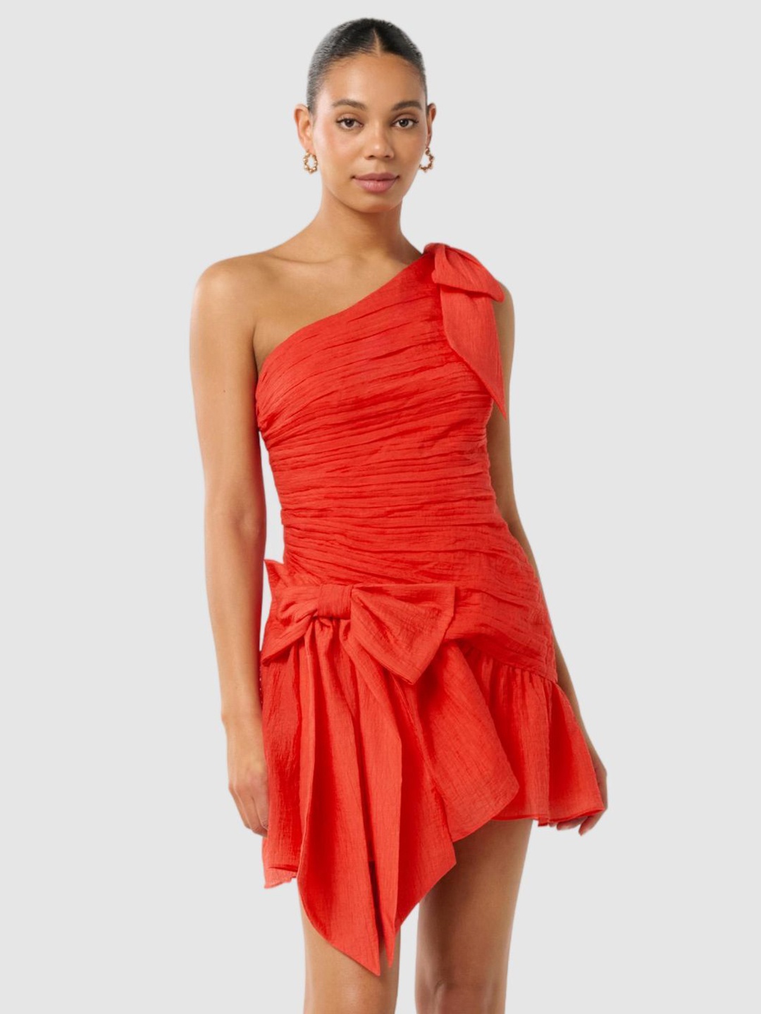 

Forever New One Shoulder Ruched Drop-Waist Mini Dress With Bow, Red