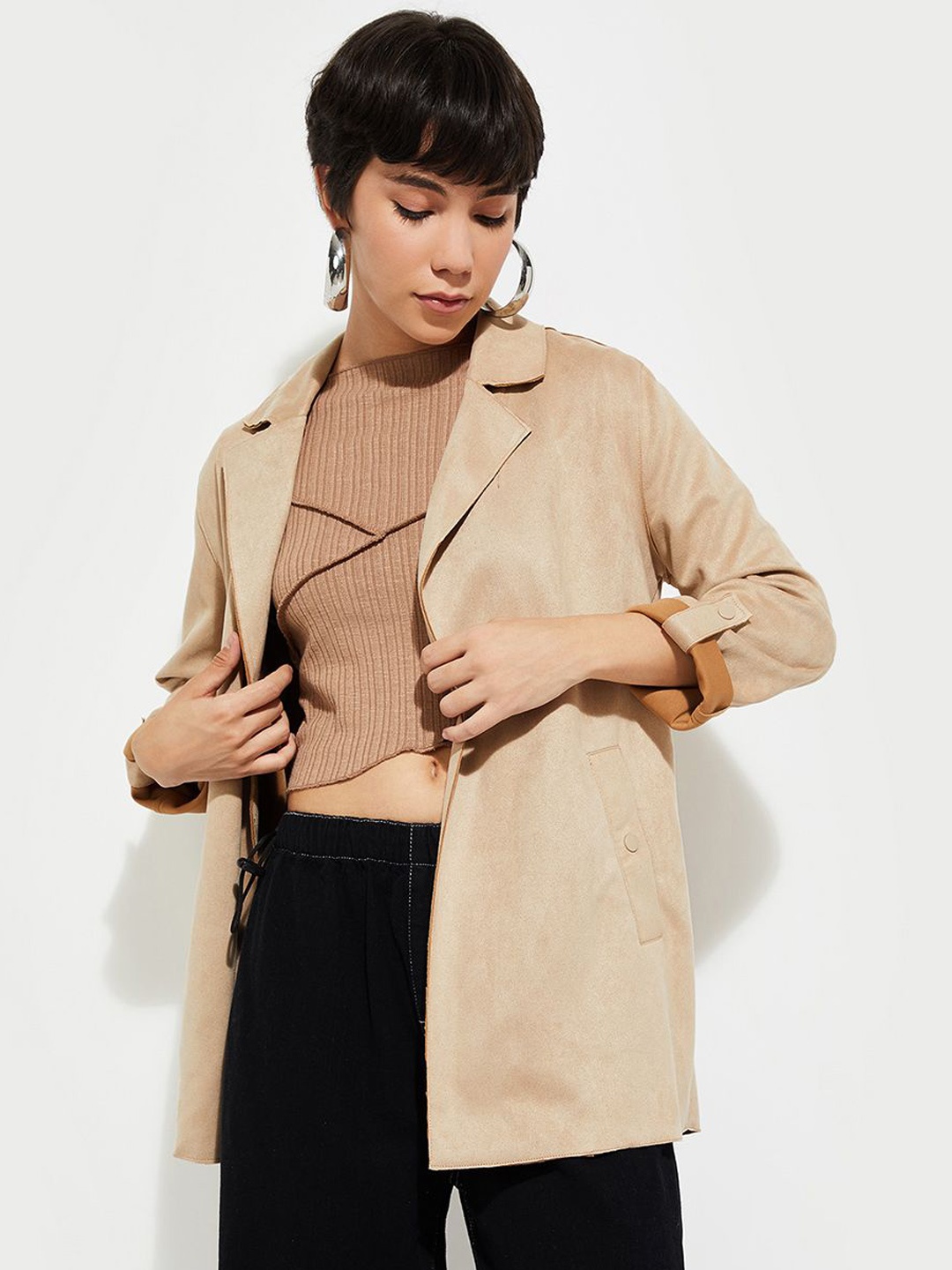 

max Women Polyester Longline Tailored Jacket, Beige