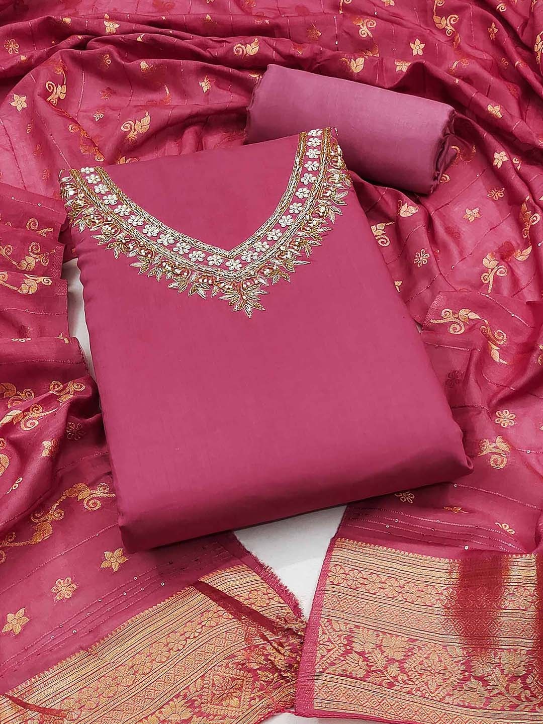 

Peachmode Embroidered Yoke Design Zari Unstitched Dress Material, Pink