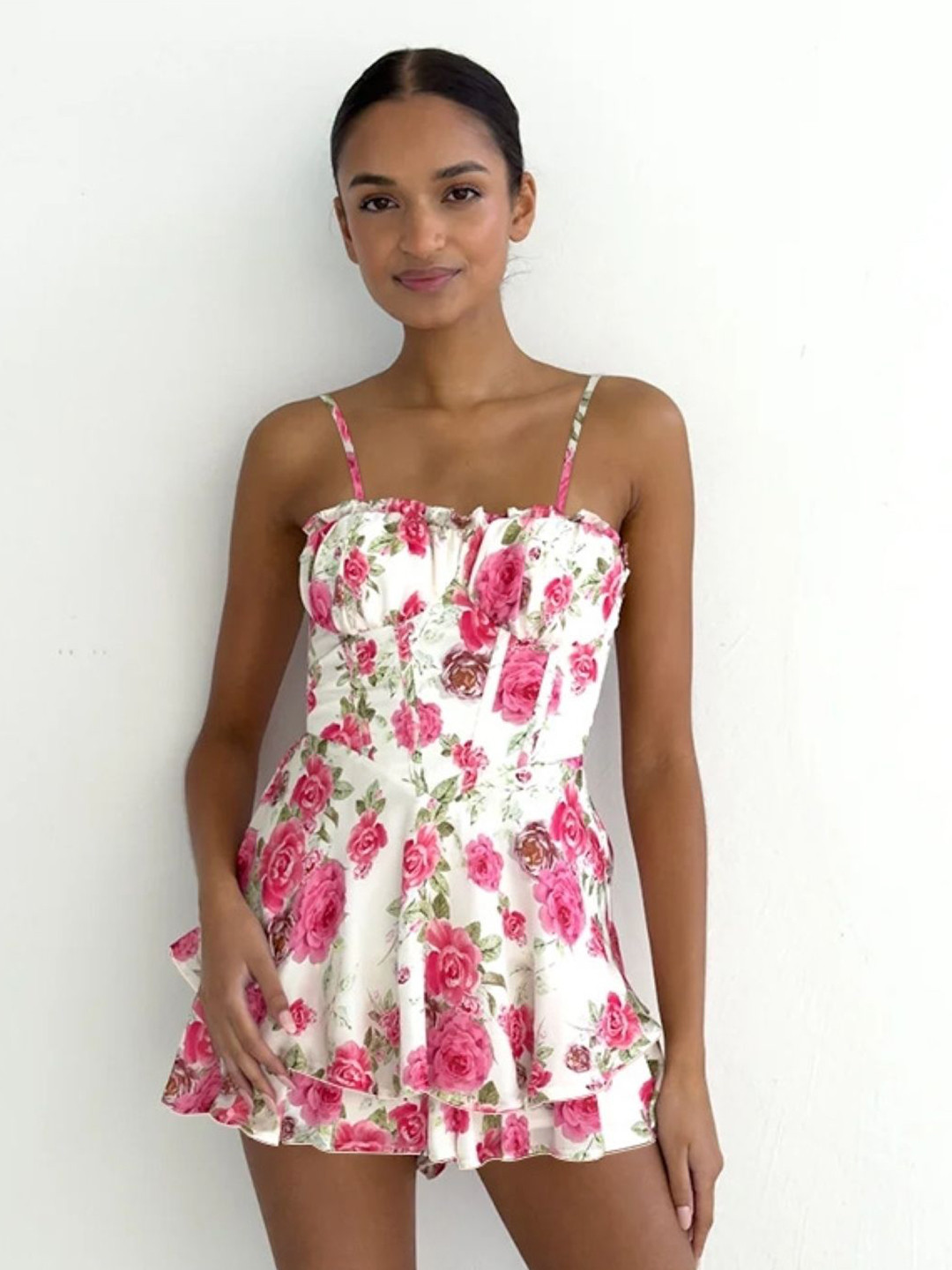 

KPOP Women Shoulder Straps Floral Printed A-Line Mini Dress, White