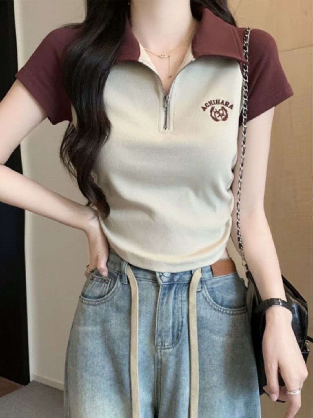 

StyleCast Women Shirt Collar Colourblocked Top, Maroon