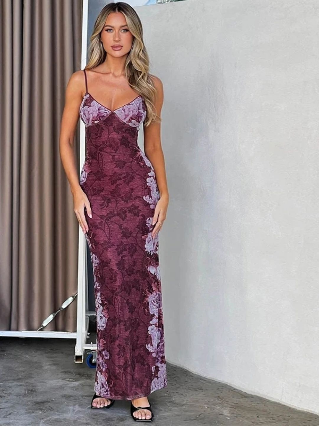 

KPOP Floral Printed Bodycon Maxi Dress, Burgundy
