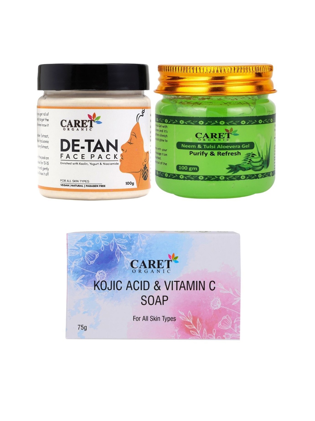 

CARET ORGANIC Set Of 3 De-Tan Face Pack- 100g, Kojic Acid Soap-75g & Aloe Vera Gel -100g, White