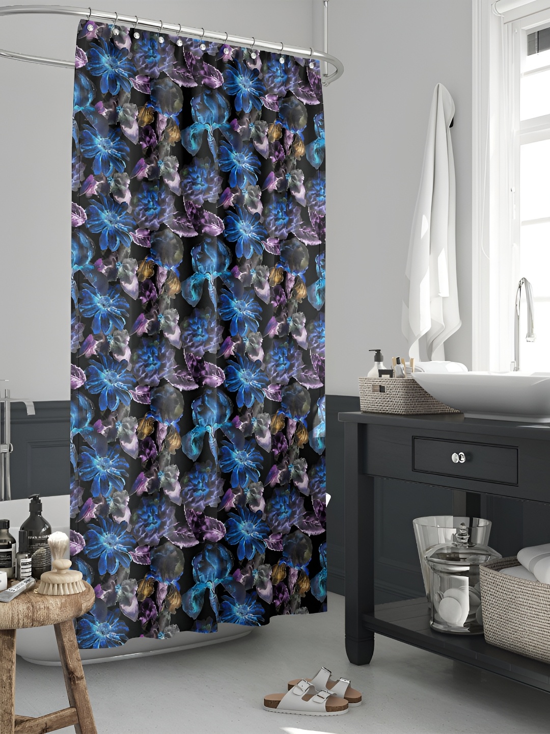 

ArtzFolio Black and Blue Floral Printed Waterproof Shower Curtain