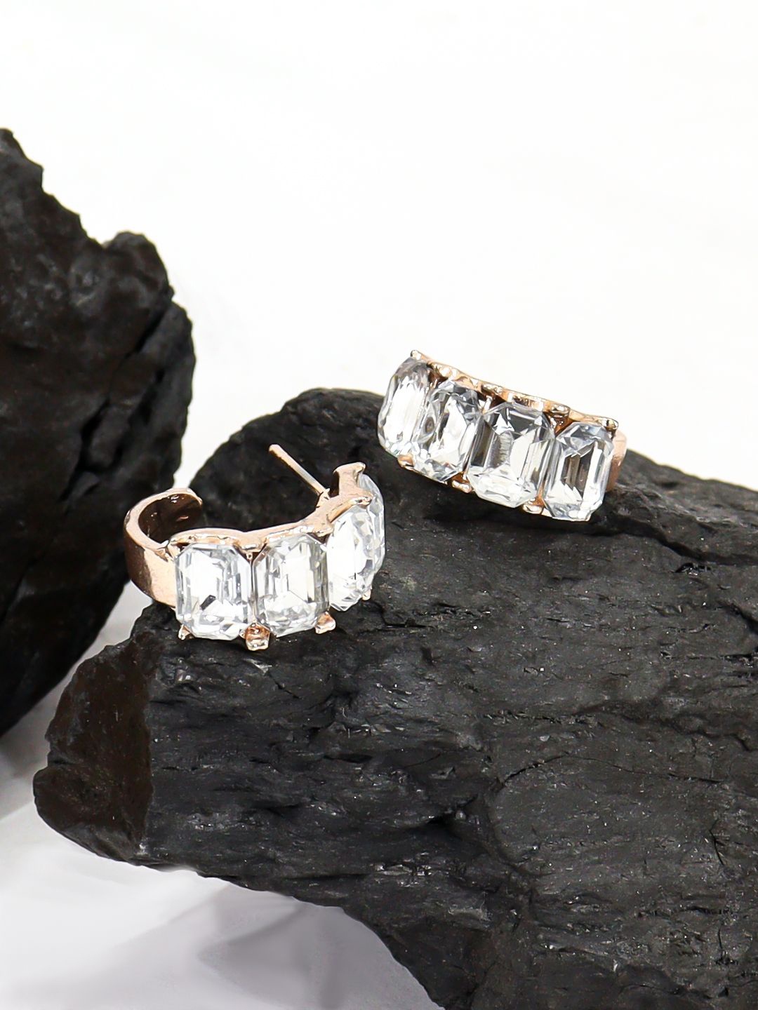 

Krelin Gold-Plated Stainless Steel Crystals Diamond C-Shaped Half Hoop Earrings