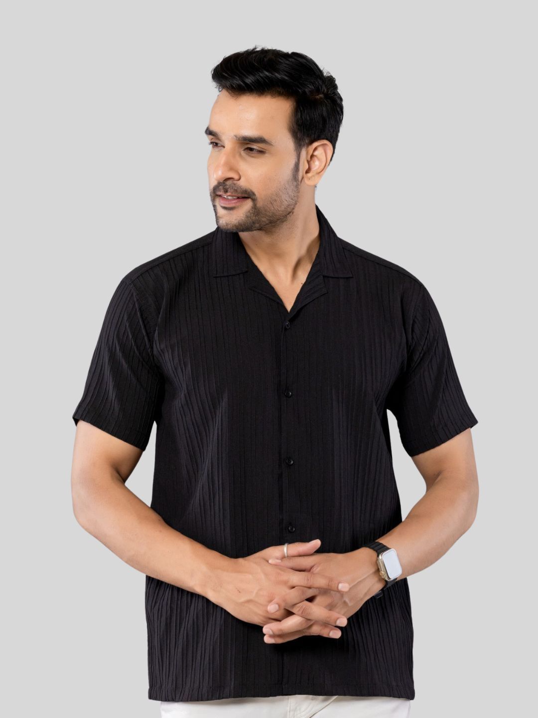 

Aanys Culture Men Classic Cuban Collar Textured Crepe Casual Shirt, Black
