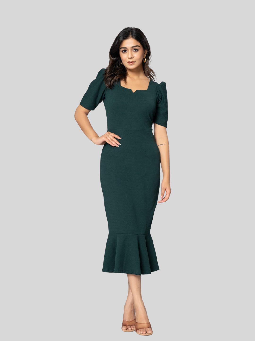 

Aanys Culture Women Cotton Puff Sleeve Fit and Flare Midi Dress, Green