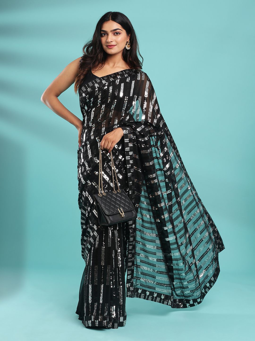 

Kalyan Silks Embellished Sequinned Bagru Saree, Black