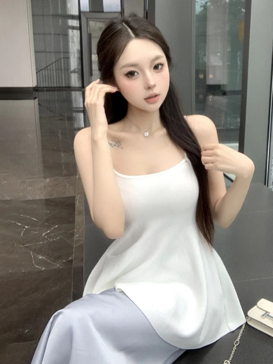 

KPOP Women Shoulder Straps Empire Top, White