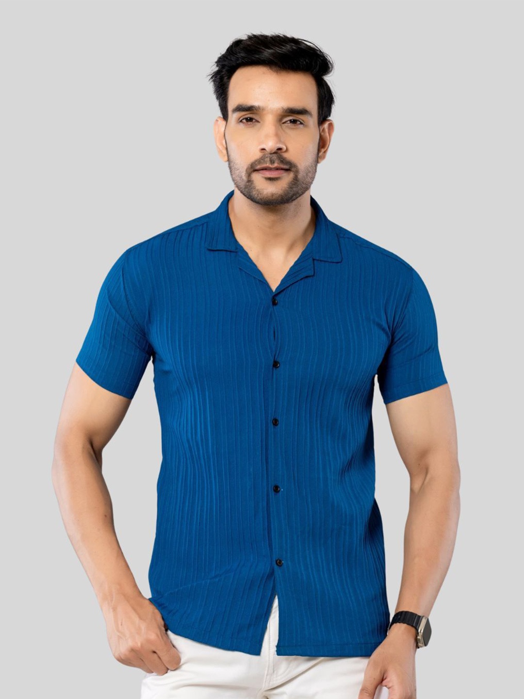 

Aanys Culture Men Classic Cuban Collar Textured Crepe Casual Shirt, Blue