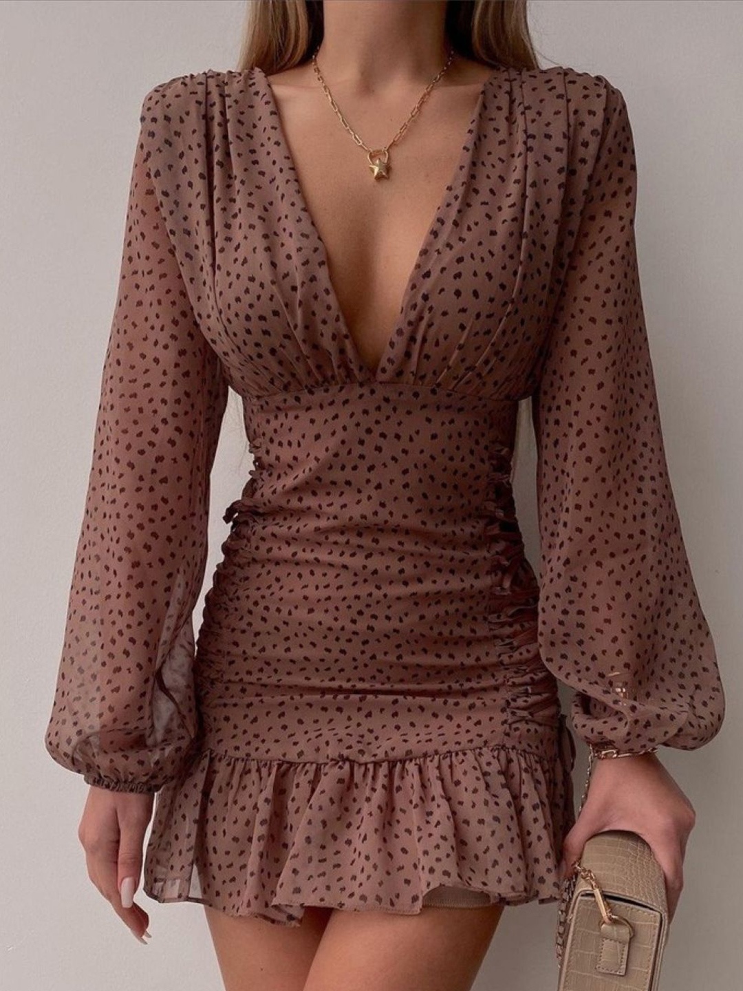

HERE&NOW Women Print Puff Sleeve Bodycon Dress, Brown