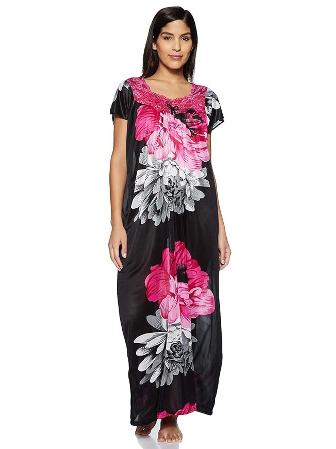 

Noty Women Printed Square Neck Short Sleeves Maxi Nightdress, Pink
