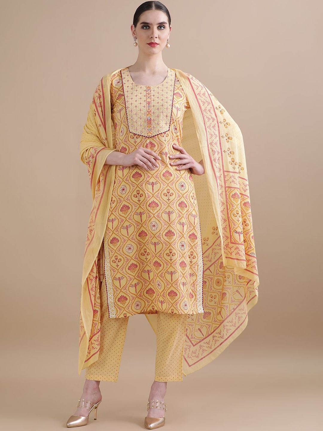 

Jaipur Kurti Yellow Floral Printed Mirror Work Pure Cotton Kurta with Trouser & Dupatta