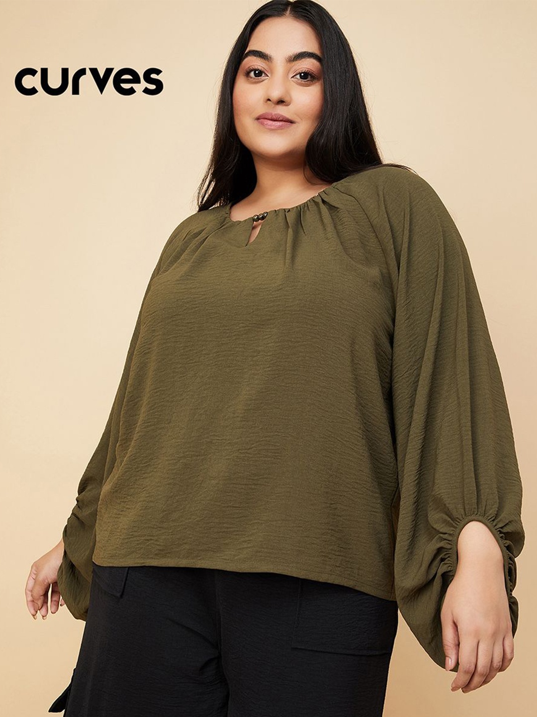 

max Women Plus Size Puff Sleeve Cotton Top, Green