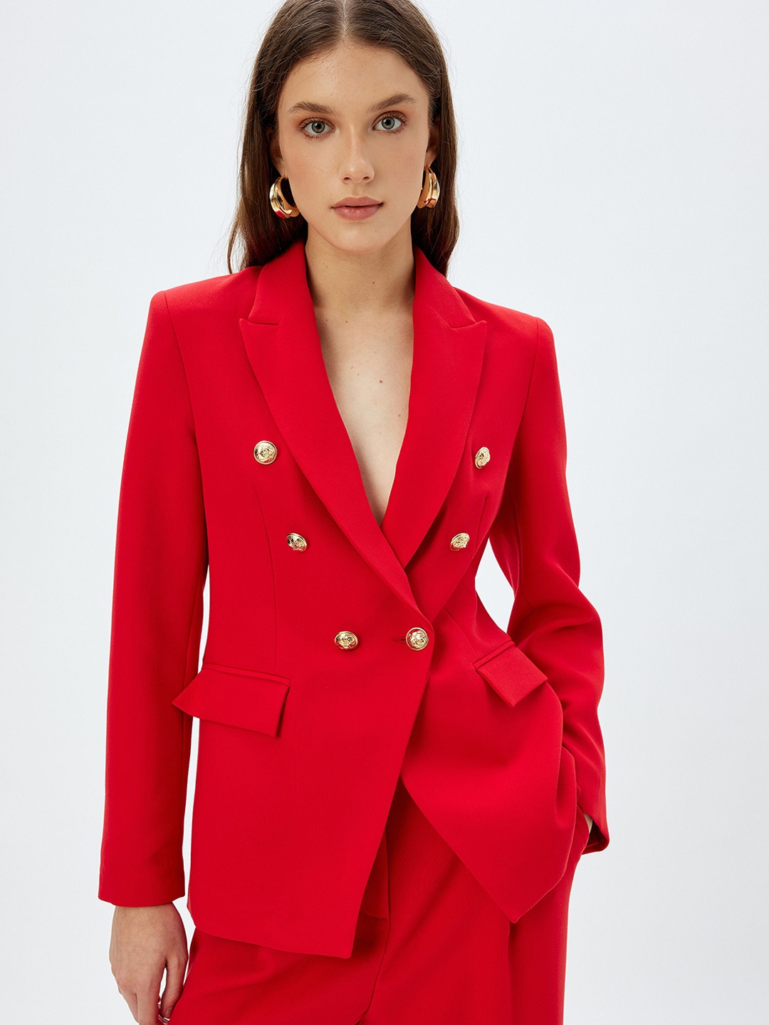 

Koton Notched Lapel Collar Single-Breasted Blazer, Red