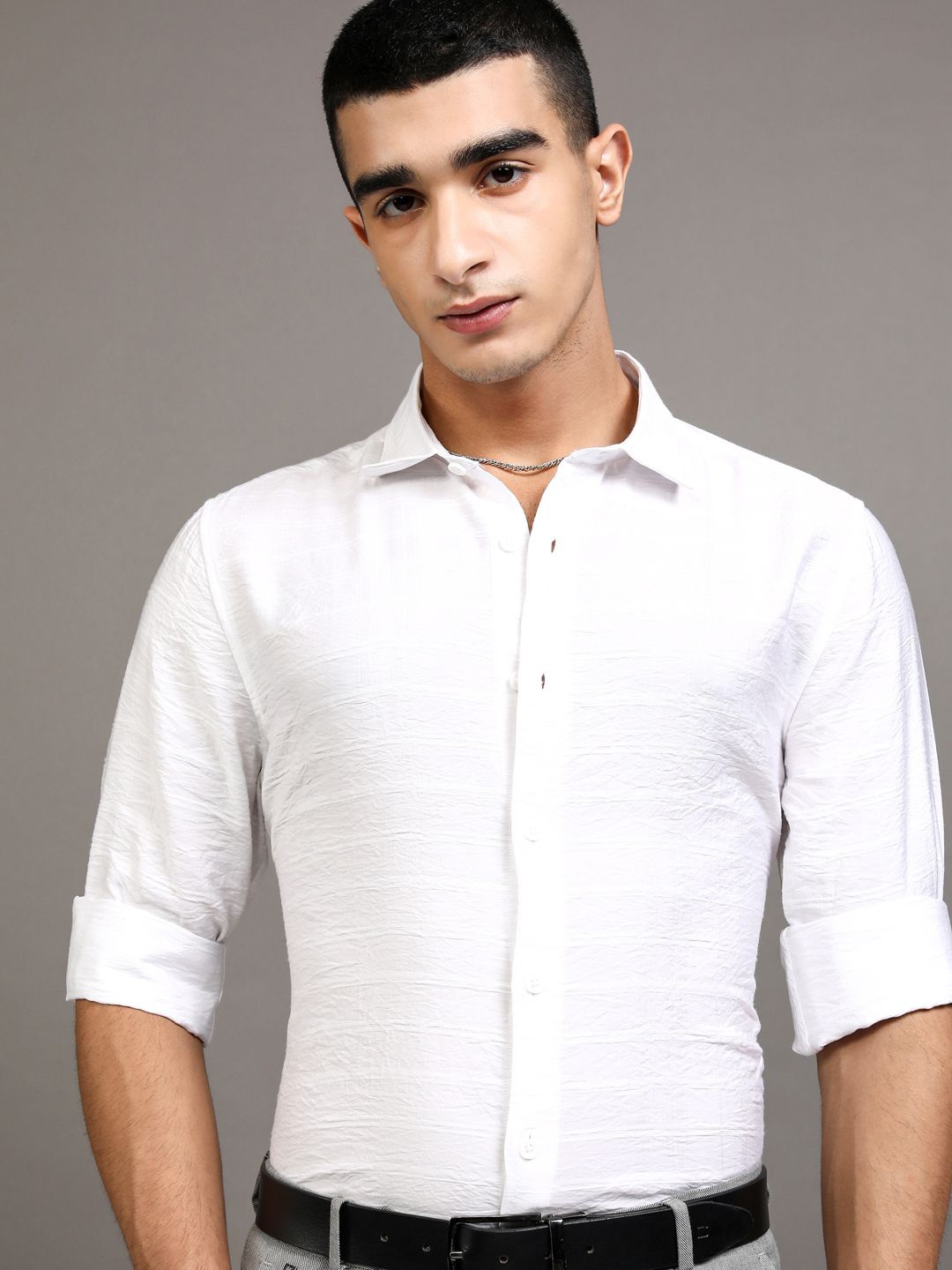 

HIGHLANDER Men Crushed Textured Solid Occasion Shirt, White