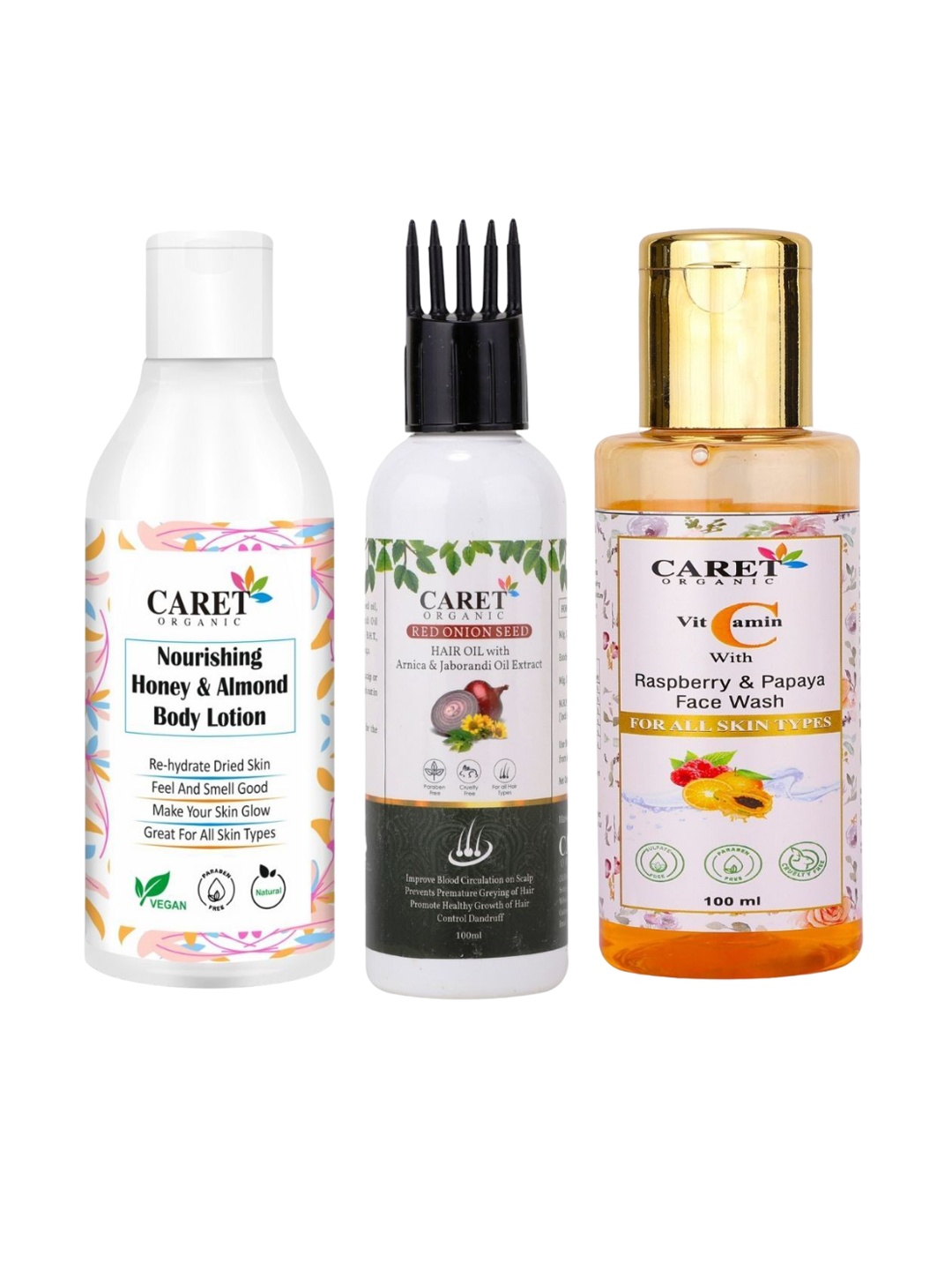 

CARET ORGANIC Set of 3 Lotion, Onion Seed Hair Oil & Vitamin C Papaya Face Wash, White