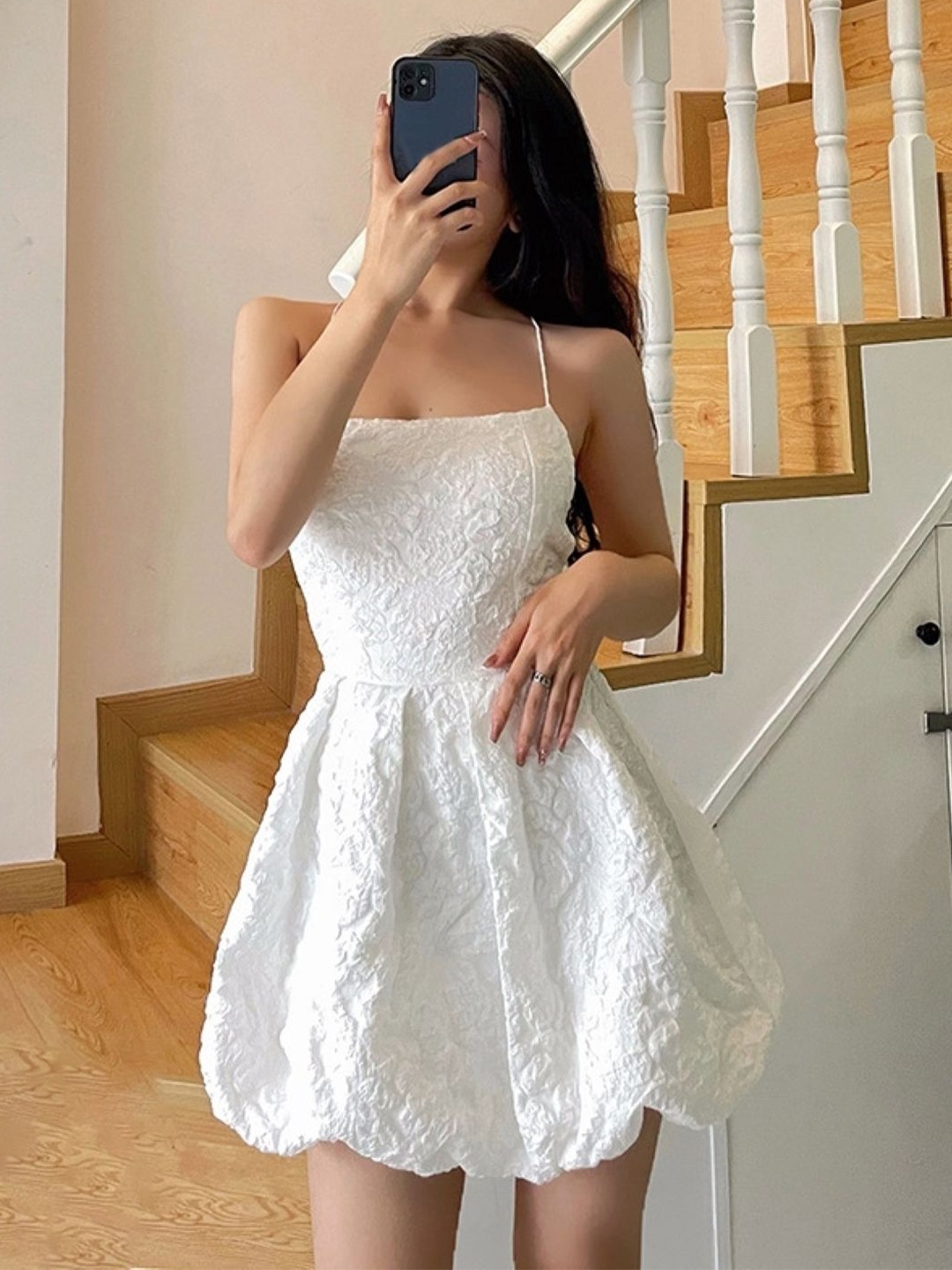 

KPOP Women Self Design Shoulder Straps Above Knee Fit and Flare Dress, White