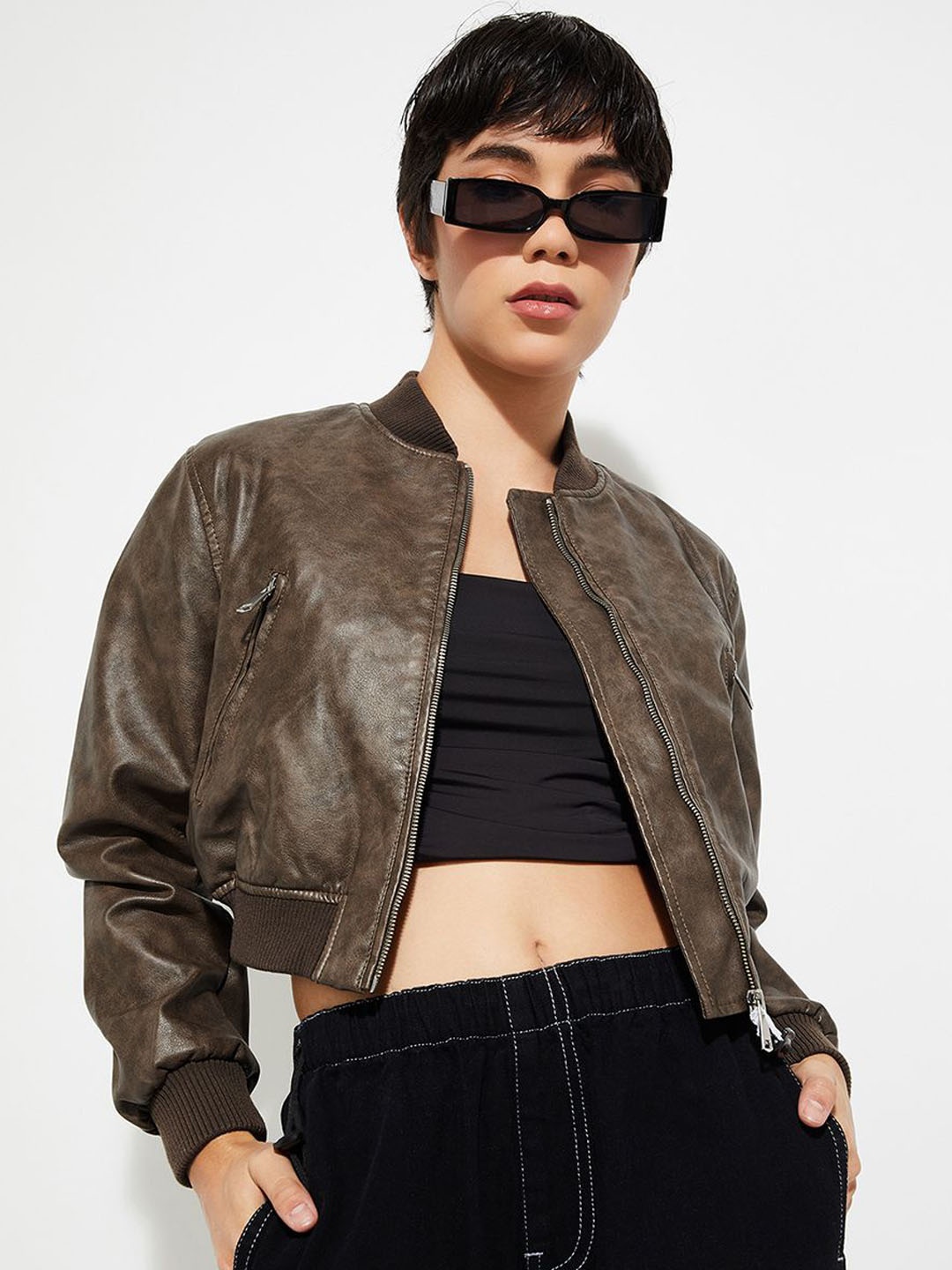 

max Women Polyester Biker Jacket with Embroidered, Brown