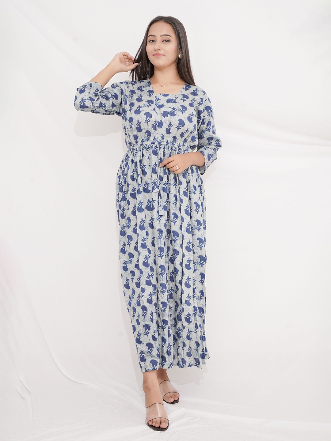 

KALIYAN Women Cotton Round Neck Floral Printed Fit & Flare Maxi Dress, Grey