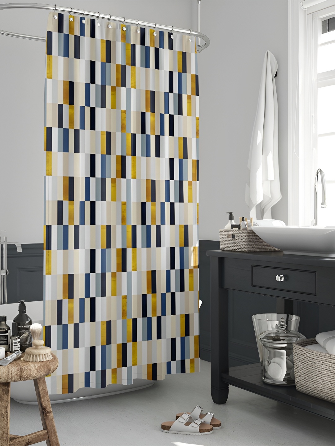 

ArtzFolio White & Yellow Geometric Printed Waterproof Shower Curtain