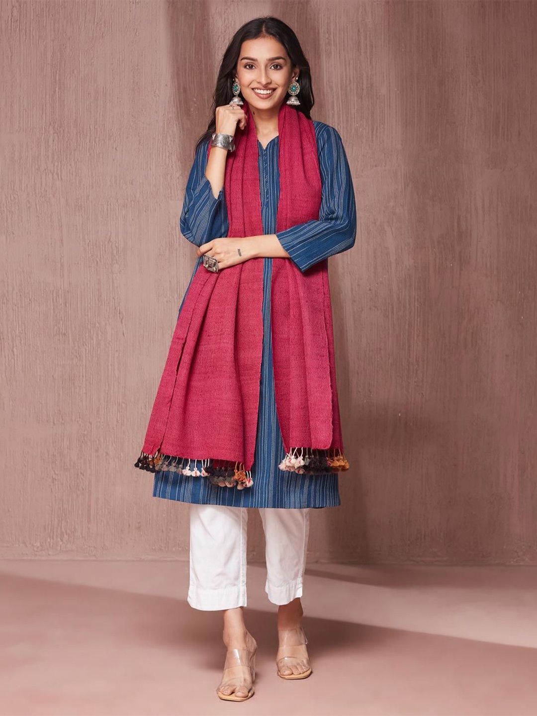 Fabindia Women Woven Design Woollen Stole, Pink