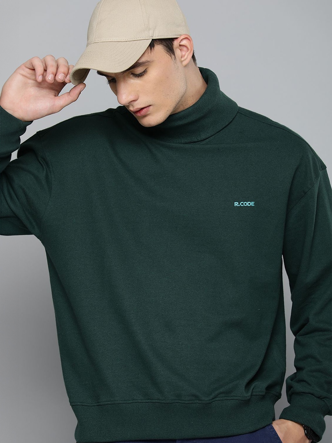 

R.Code by The Roadster Life Co. Men Turtle Neck Pullover Cotton Sweatshirt, Green