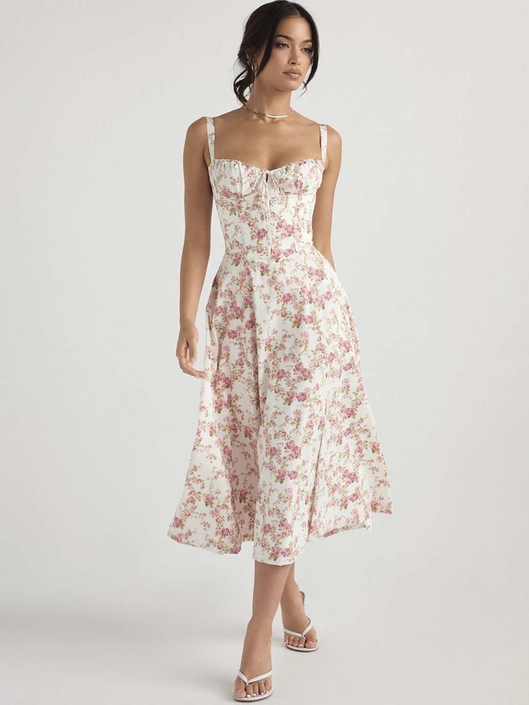 

KPOP Women Floral Printed A-Line Midi Dress, Pink