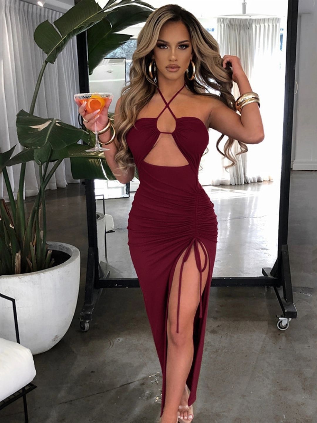 

KPOP Women Halter Neck Bodycon Maxi Dress, Burgundy