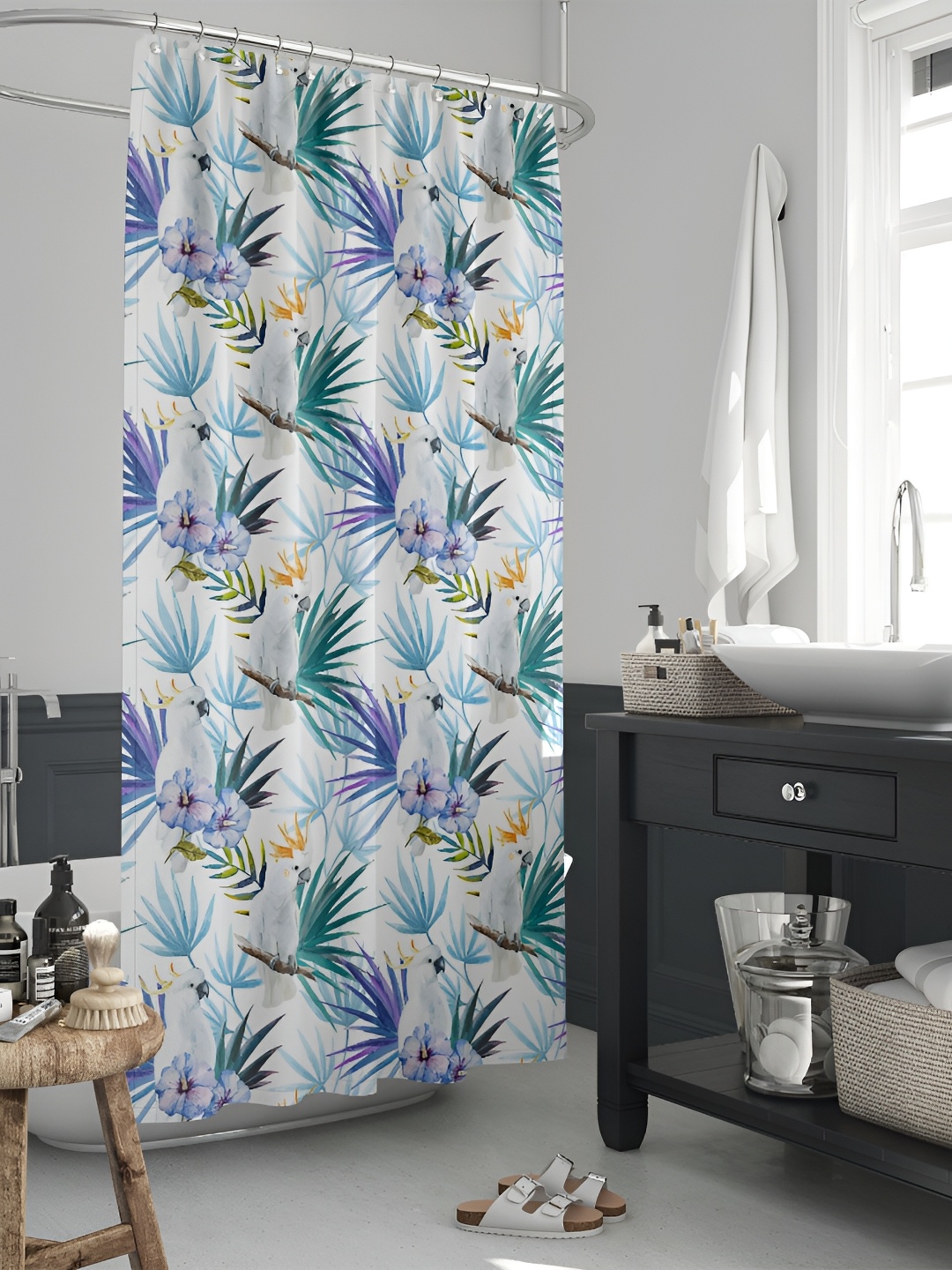

ArtzFolio White & Green Printed Waterproof Shower Curtain