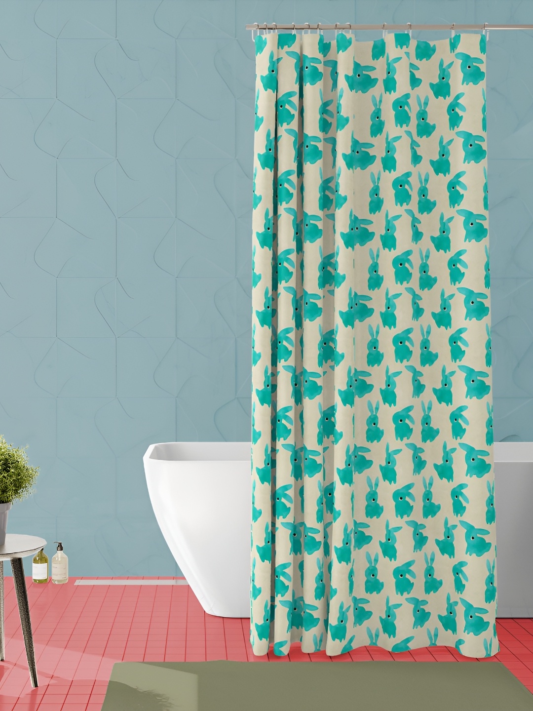 

ArtzFolio Off White & Teal Green Rabbit Printed Waterproof Shower Curtain