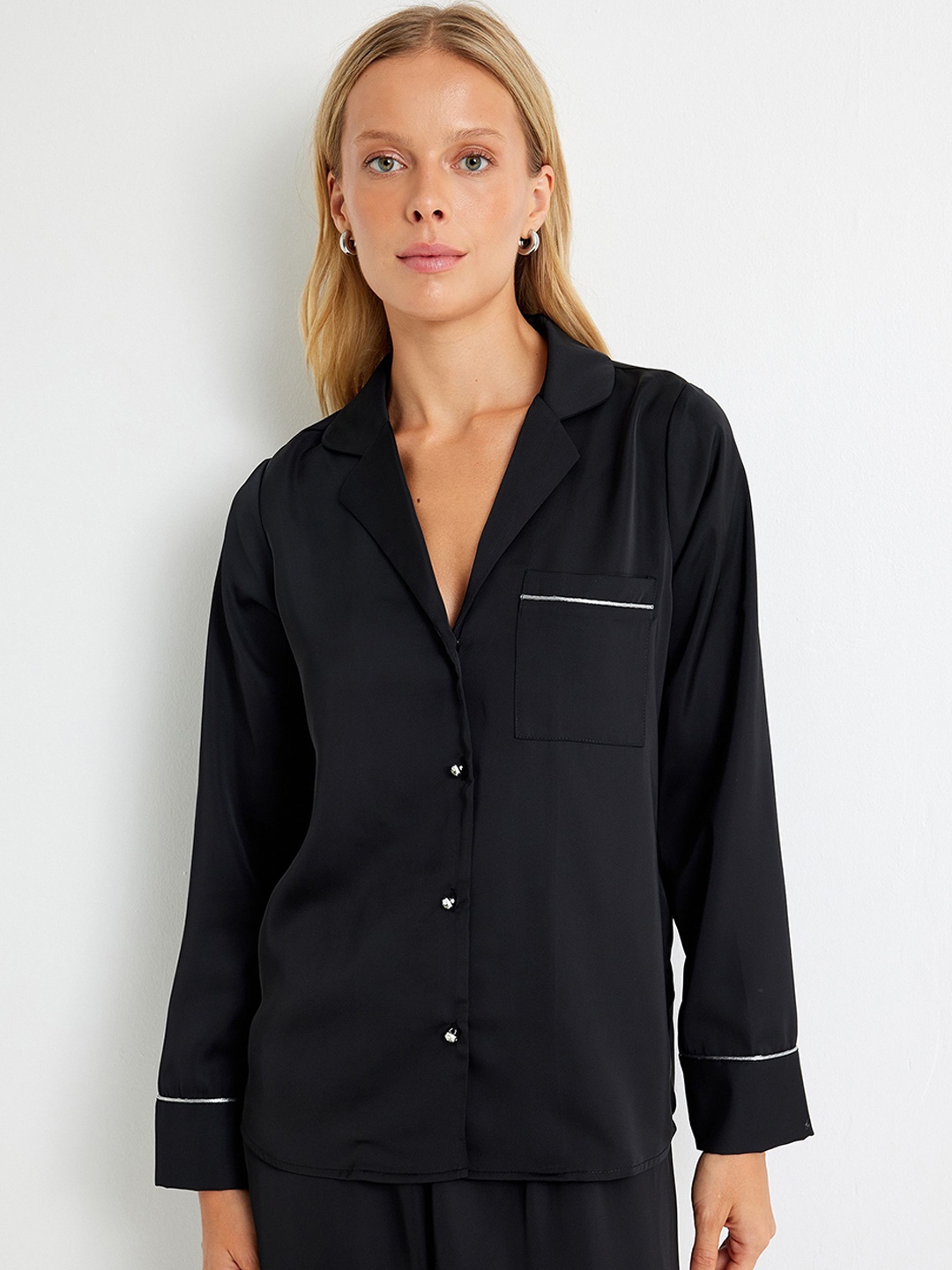 

Koton Women Shirt Collar Long Sleeves Night suit, Black