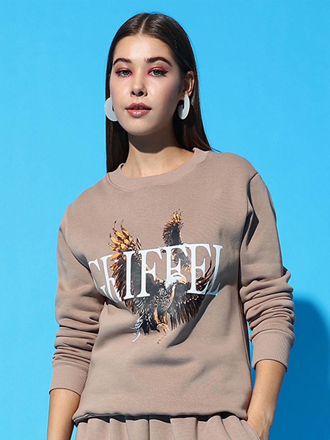 

GRIFFEL Women Printed Round Neck Long Sleeves Sweatshirt, Camel brown