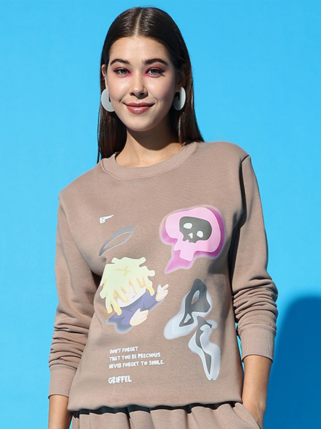 

GRIFFEL Women Graphic Printed Long Sleeves Sweatshirt, Camel brown