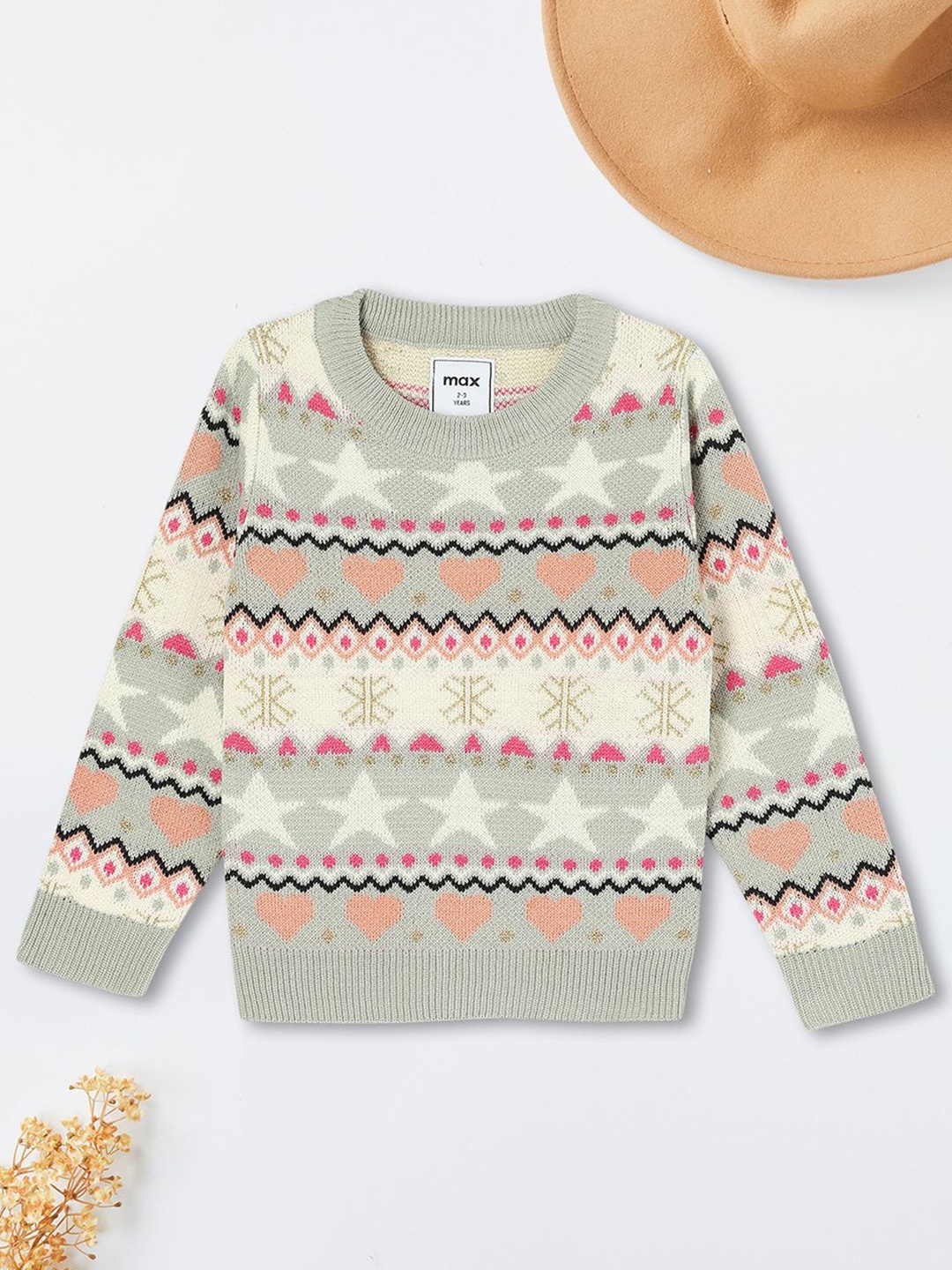 

max Girls Acrylic Printed Round Neck Pullover Long Sleeves Sweaters, Green