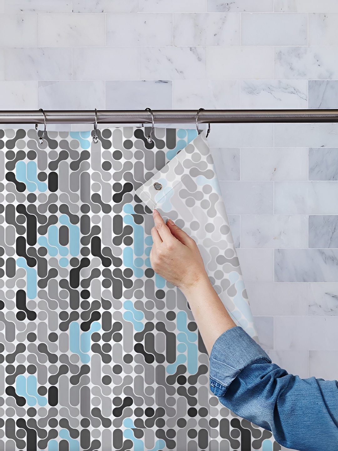 

ArtzFolio Grey & Blue Printed Waterproof Shower Curtain