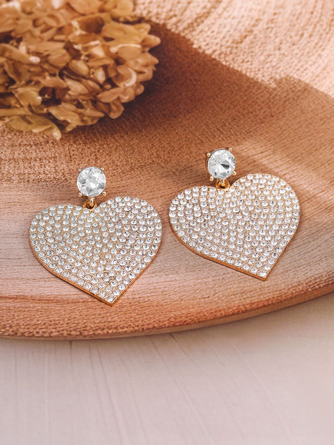 

Rubans 18K Gold-Plated Shimmery AD & Cubic Zirconia Studded Heart Dangle Earrings