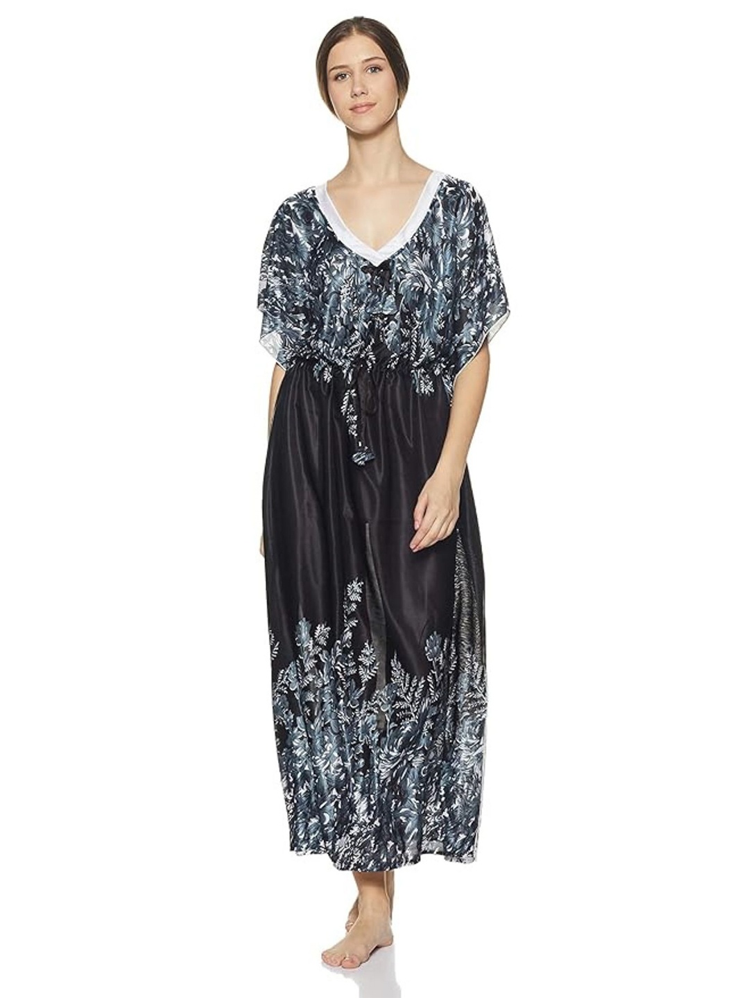 

Noty Women Printed V-Neck Maxi Nightdress, Black