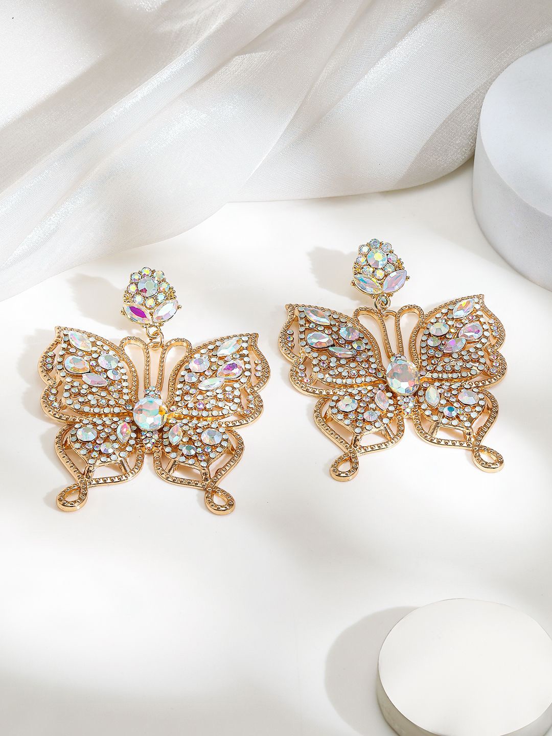 

Rubans 18K Gold-Plated AD & Zirconia Studded Glamorous Butterfly Drop Earrings