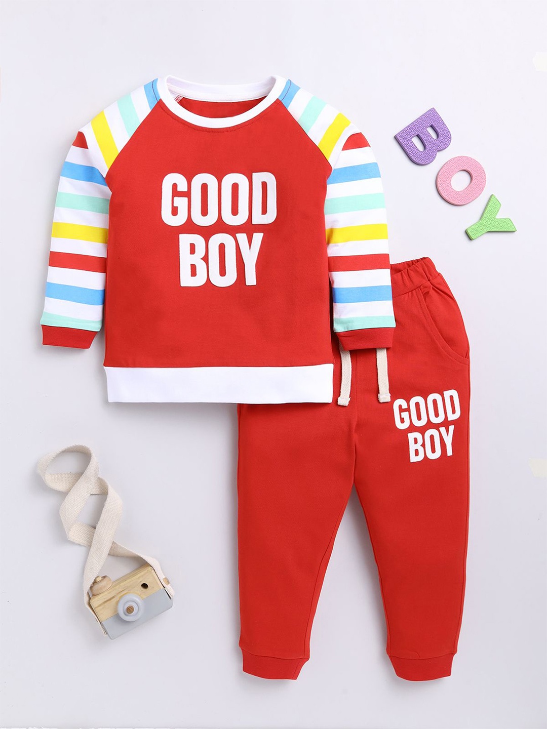 

BAESD Boys Printed Round Neck Long Sleeves Pure Cotton Sweatshirt With Jogger, Red